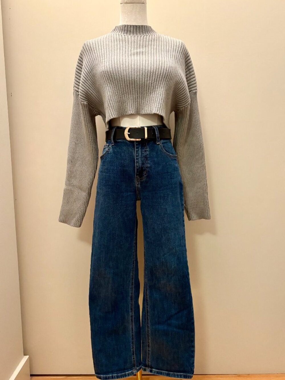 Cropped Rib-Knit Mock Neck Sweater